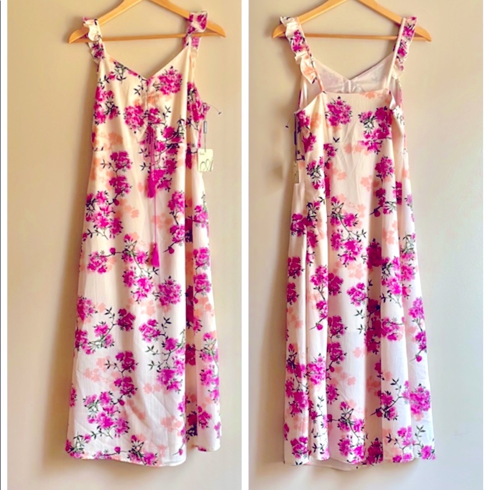 NWT pink lilac cream floral tassel tie midi dress chiffon lined AMELIA 8 or 10